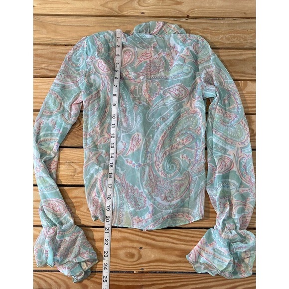NEW Asos Design Paisley Ruffle Blouse Size 0 Women’s Green Button Front - Picture 6 of 8